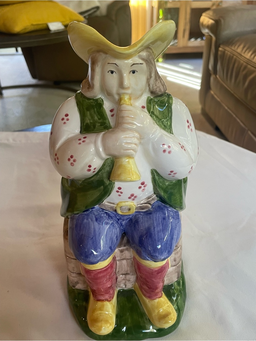 Ceramic Folk Musician Figurine in Green, Yellow, Blue